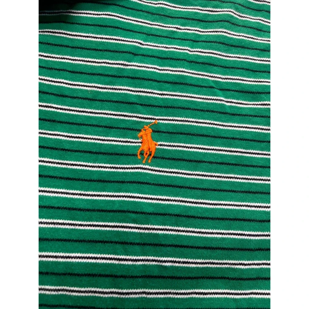 Polo Ralph Lauren Mens Green Striped Short Sleeve Polo Shirt Orange Pony Size M‎